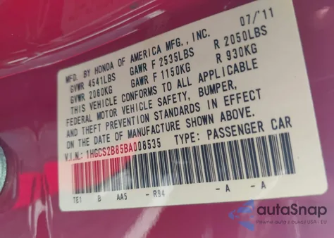 2011 Honda Accord 3.5 Ex-L z USA, uszkodzony, nr VIN 1HGCS2B85BA008535